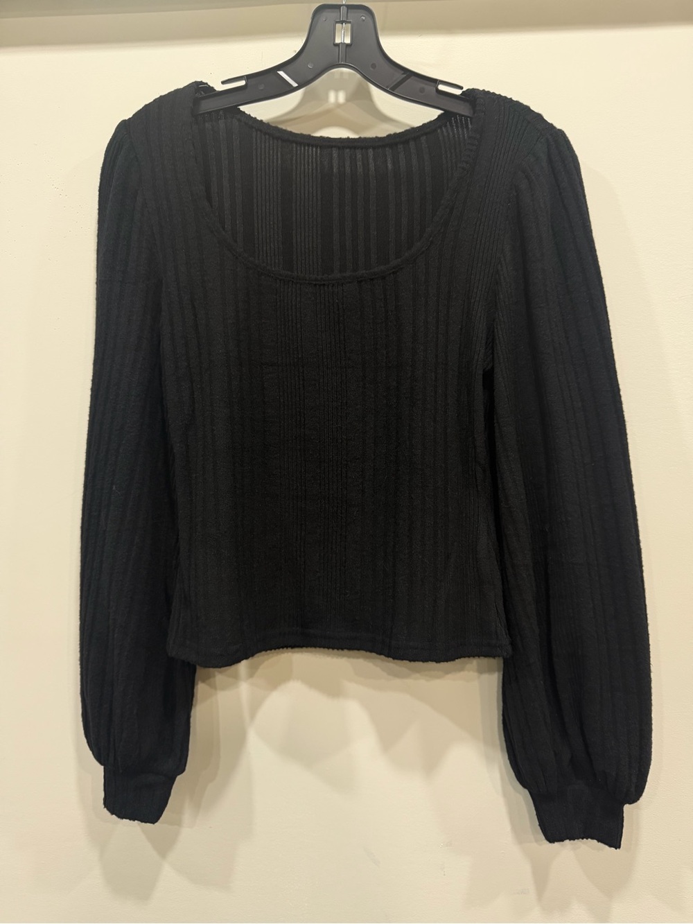 Black Ribbed Scoop Neck Long Sleeve Top